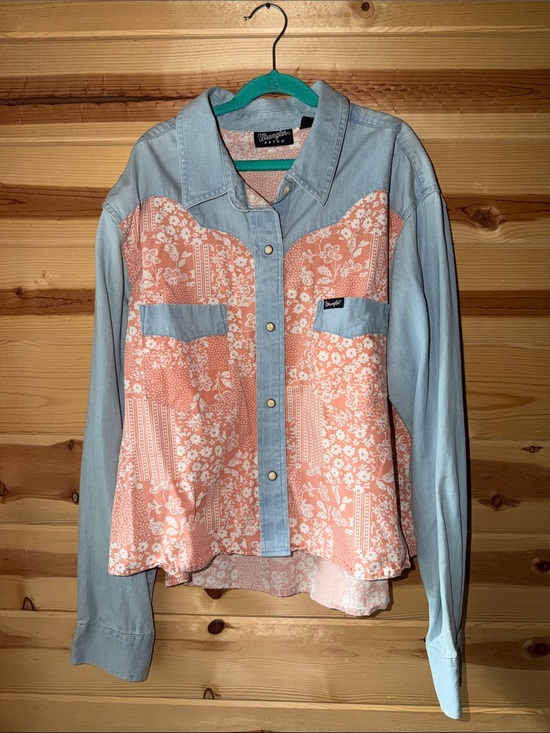 Wrangler Tops - Wrangler Peach Floral Patchwork Western Shirt with Light Blue Chambray